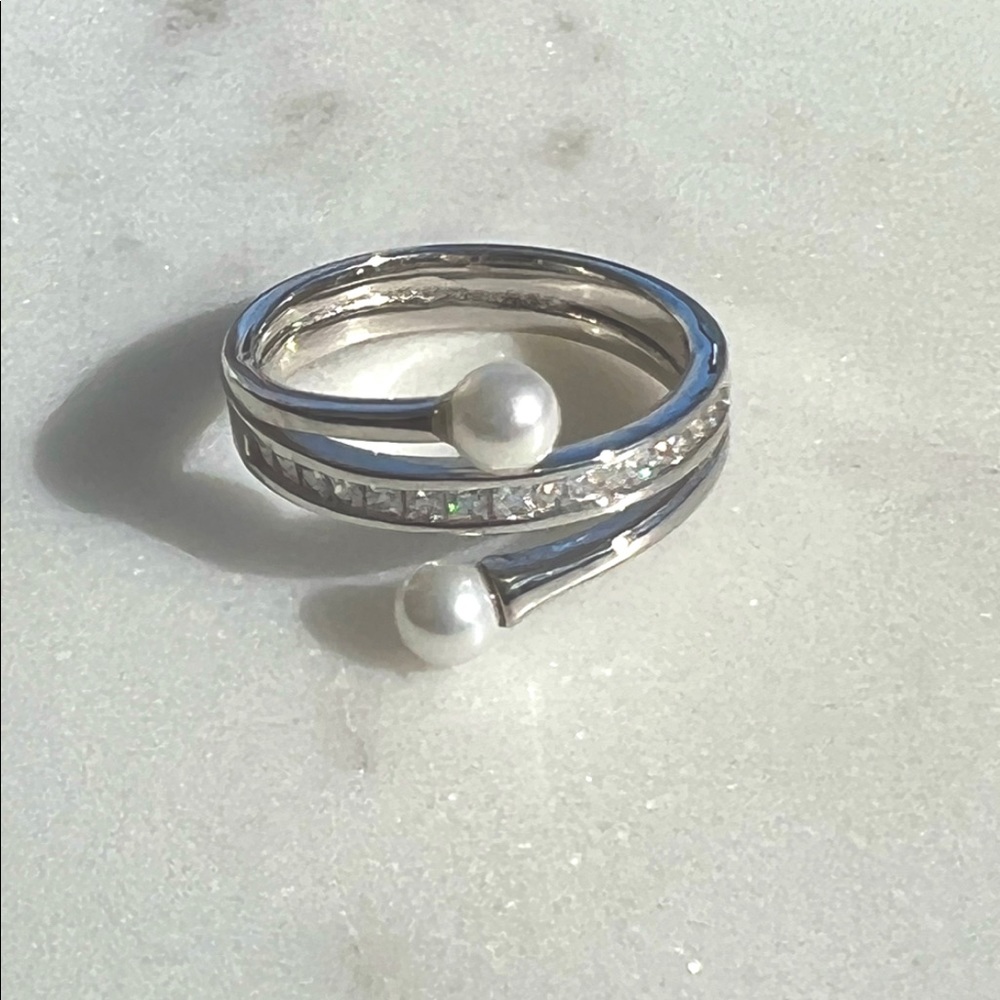 Sterling Silver Cz & Simulated Pearl Ring - Picture 13 of 15